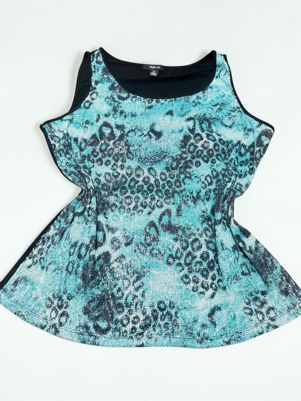 Style & Co Turquoise Sequin Leopard Tank Top Y2K Animal Print XL